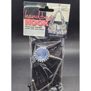 Handbag Purse Hook With Velvet Pouch Bling Blue Crystal Work Desk Travel New